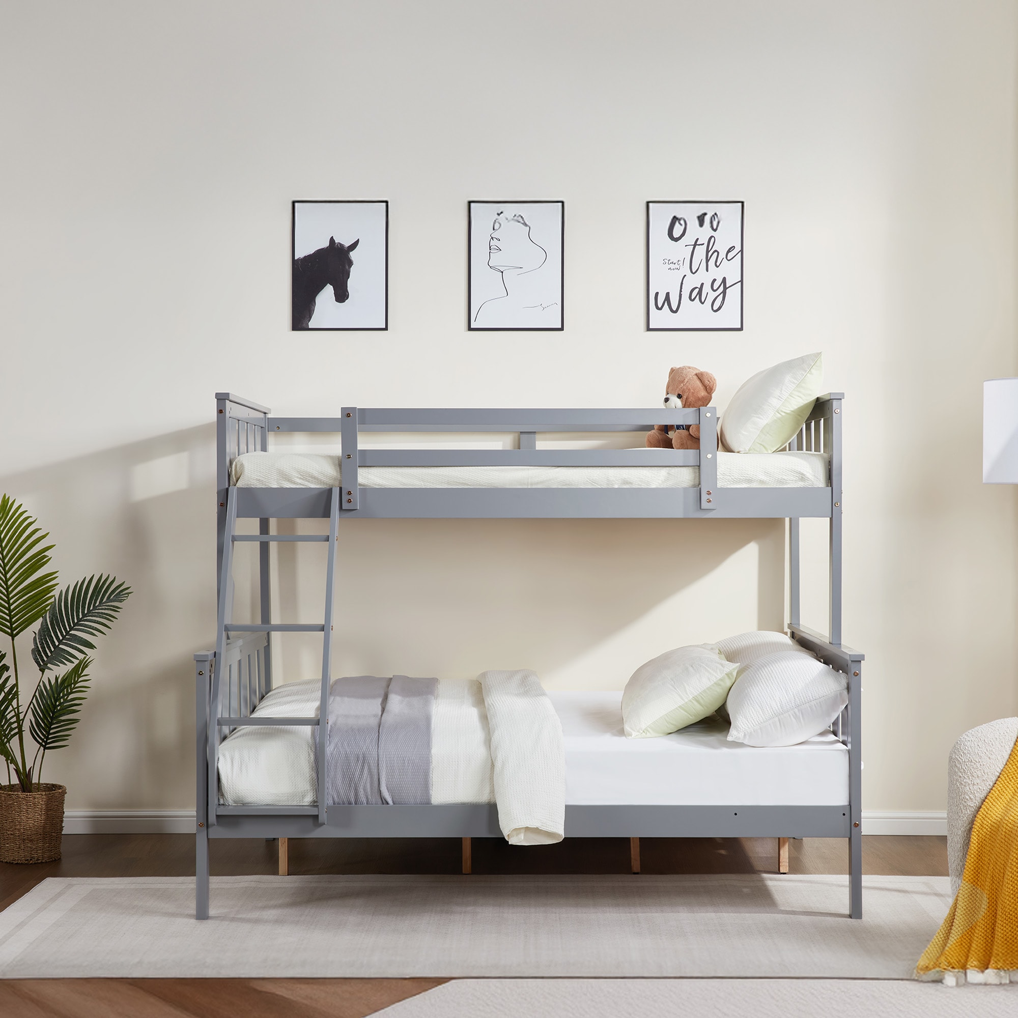 Twin over Full Bunk Bed with Flexible Ladder,Kids Solid Wood Bed Frame,Strong Wooden Slats, Non-Toxic Finishes, No Box Spring Needed,Gray Twin over Full Bunk Bed with Flexible Ladder,Kids Solid Wood Bed Frame,Strong Wooden Slats, Non-Toxic Finishes, No Box Spring Needed,Gray